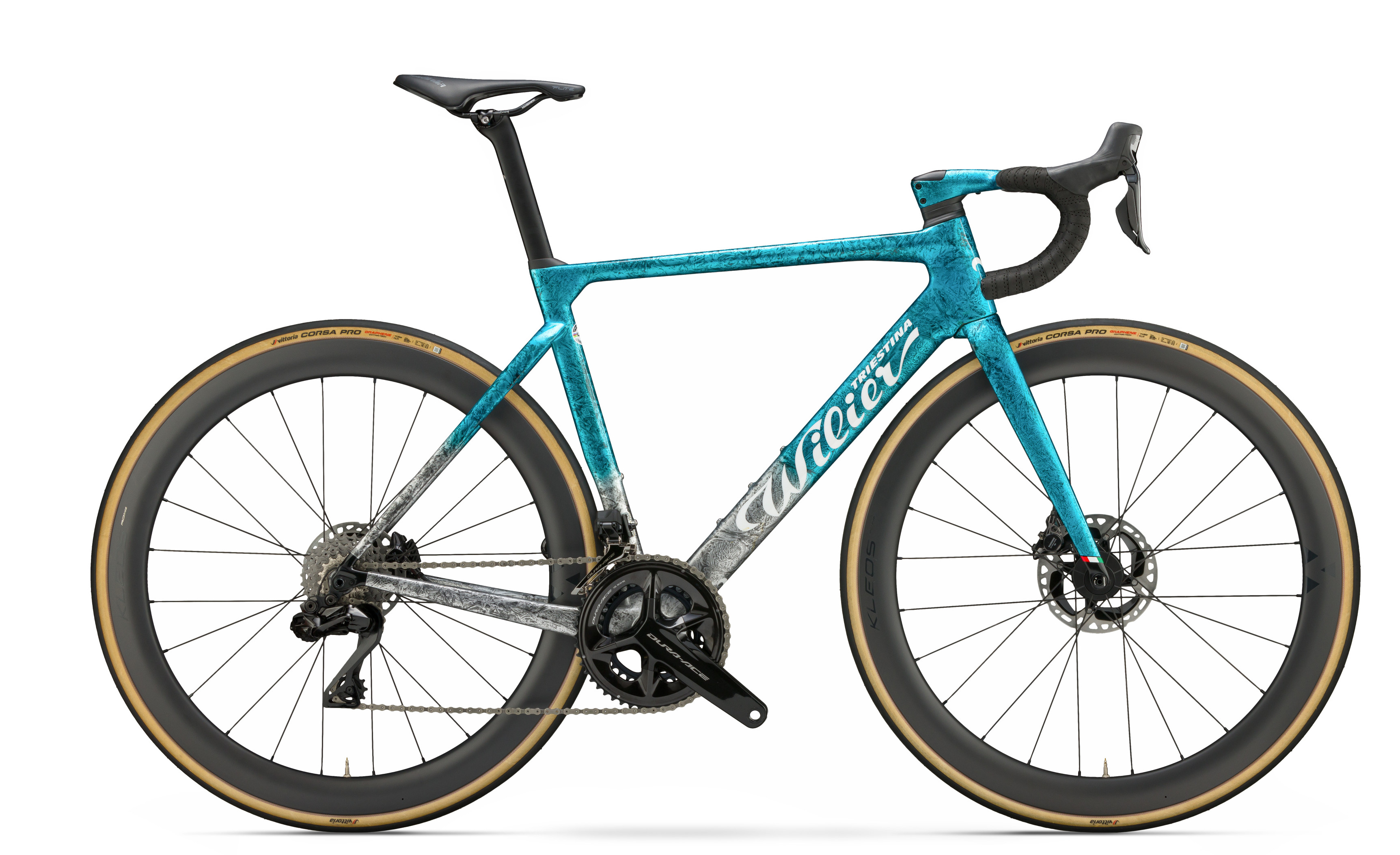 Astana 2023 blue/silver Wilier Filante SLR with Shimano Dura-Ace Di2 groupset and Vision Trimax carbon wheels.