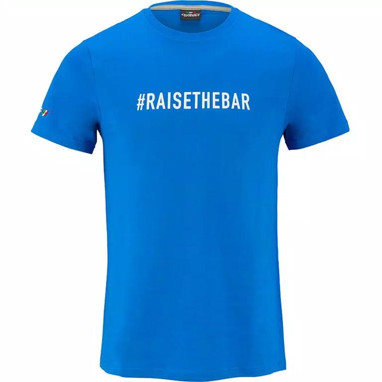 T-Shirt #Raisethebar azzurra